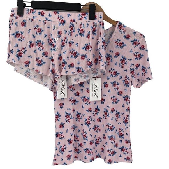 Revolve Plush Floral Micro Waffle Knit 2 Piece Pajama Set Women Medium Pink - Picture 3 of 10